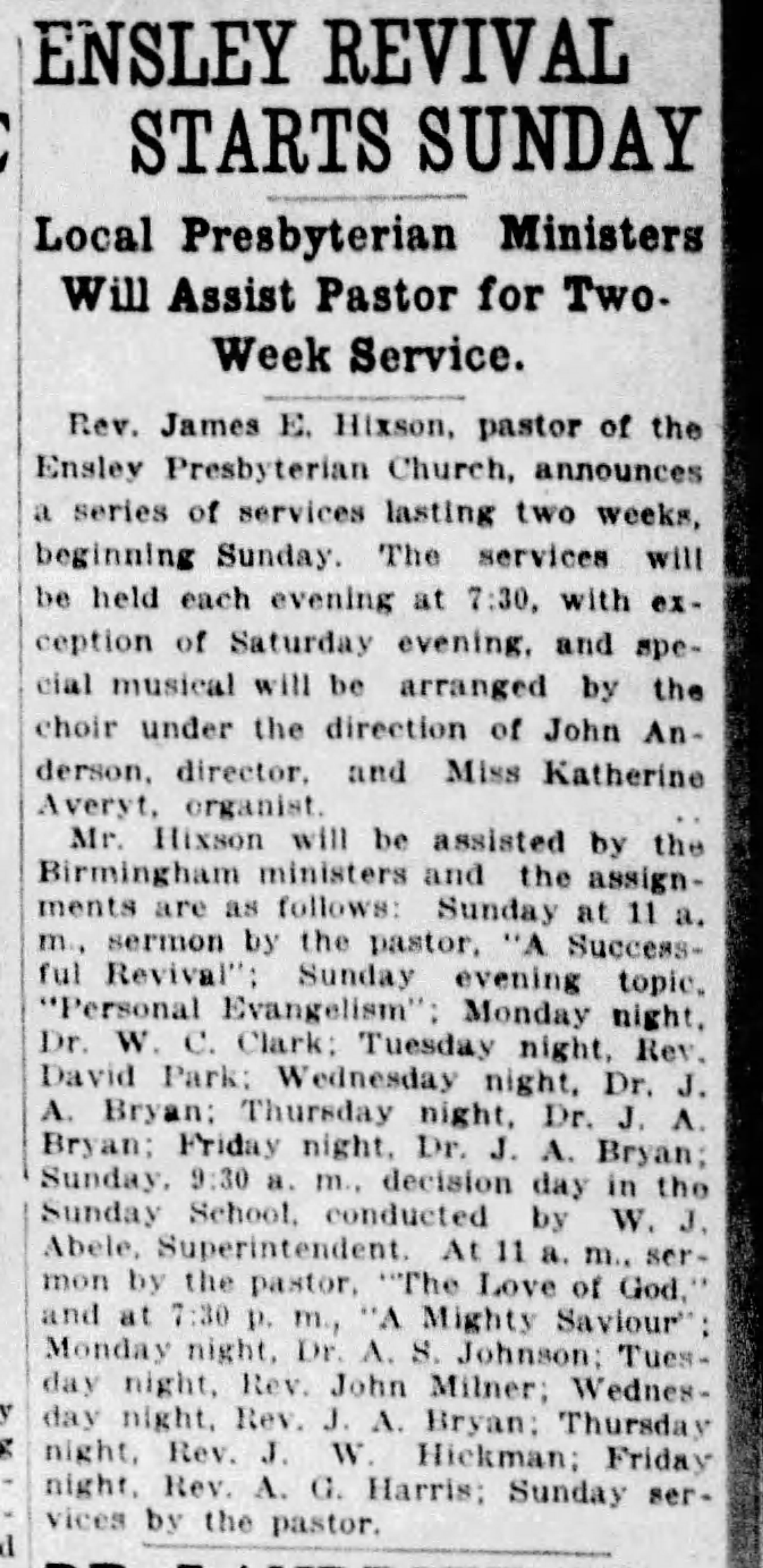 Ensley Revival Starts Sunday